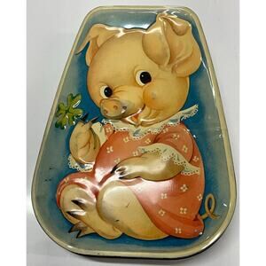 Antique G W Horner English Candy Tin Pink Pig with 4 Leaf Clover Made in England